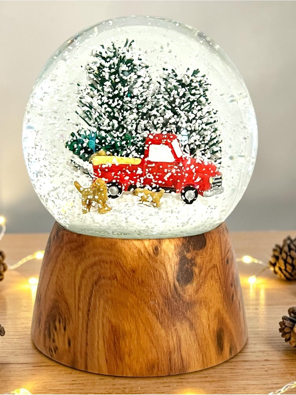 Roman Red Truck Christmas Snow Globe Music Box Dogs Trees Wood Look Base 5.5”